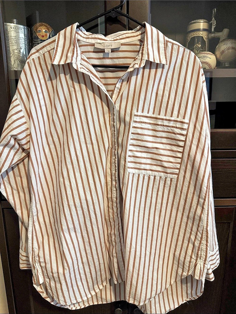 LOFT Striped Everyday Oversized Pocket Shirt White & Brown Large